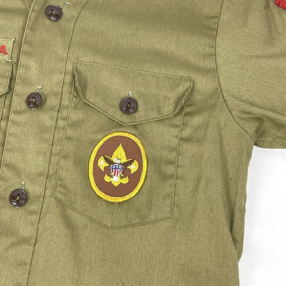 Vintage Olive Green BSA Boy Scout Uniform Shirt Long Sleeve 12 Neck Tenderfoot - Picture 2 of 16
